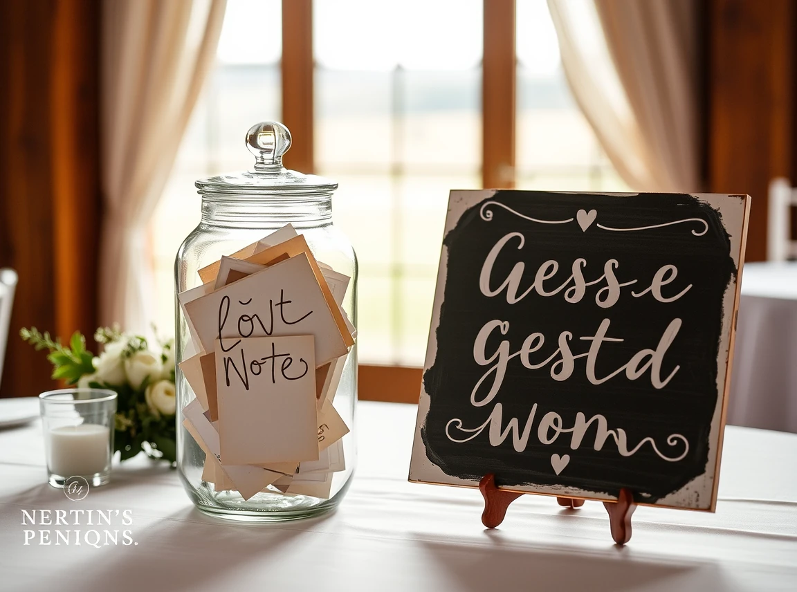 A keepsake guest book alternative with a glass jar of written notes and a painted sign at a wedding table, creative and