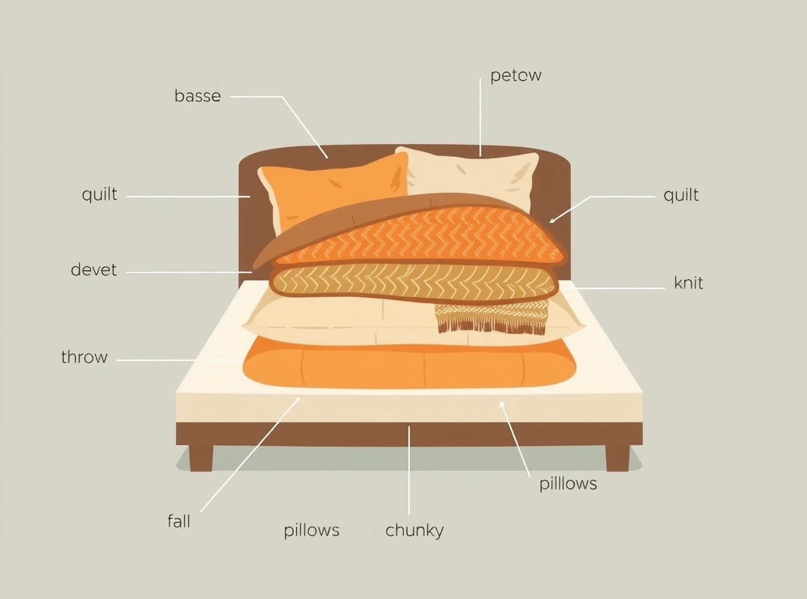 A labeled diagram of a layered cozy bed showing the base sheet, a quilt, a duvet, a chunky knit throw, and pillows stacked