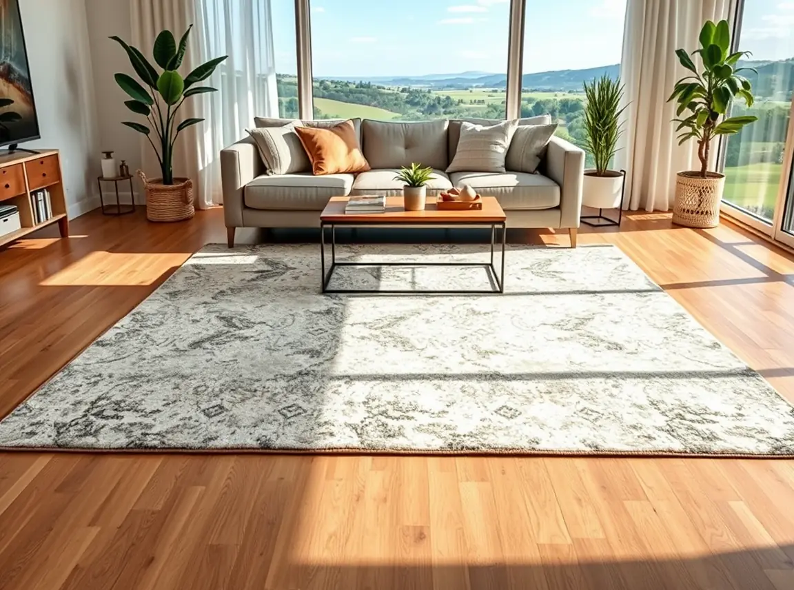 A large area rug anchoring a living room seating area with a couch and coffee table on top, grounded and cozy, bright
