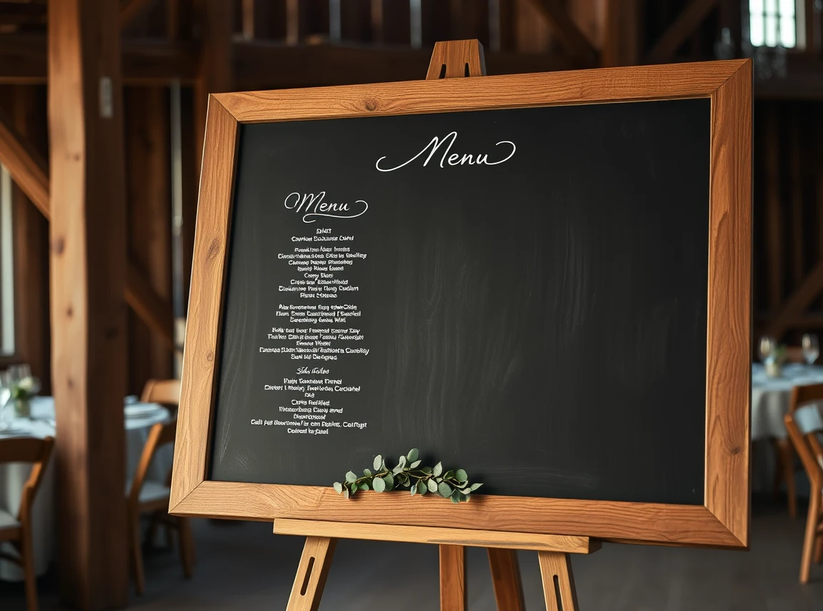 A large black chalkboard in a rustic wooden frame displaying an elegant white chalk menu, decorated with a small garland of