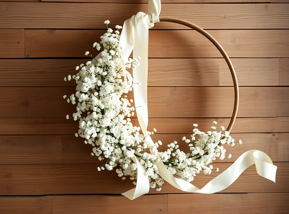 A large circular hoop wrapped with fluffy white baby's breath and a flowing cream ribbon, hanging against a rustic wood