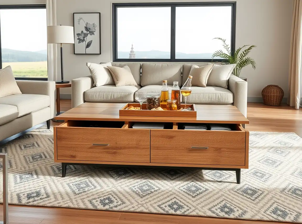 A large coffee table with hidden storage in the center of a living room, holding a tray of snacks and drinks, neat and