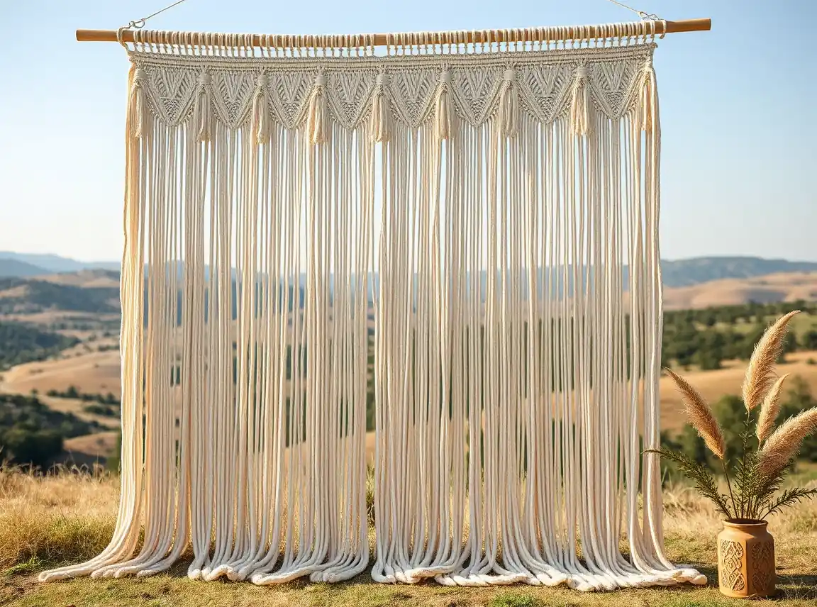 A large handmade macramé wall hanging in cream cord used as a wedding backdrop, boho and textured, no people, warm natural