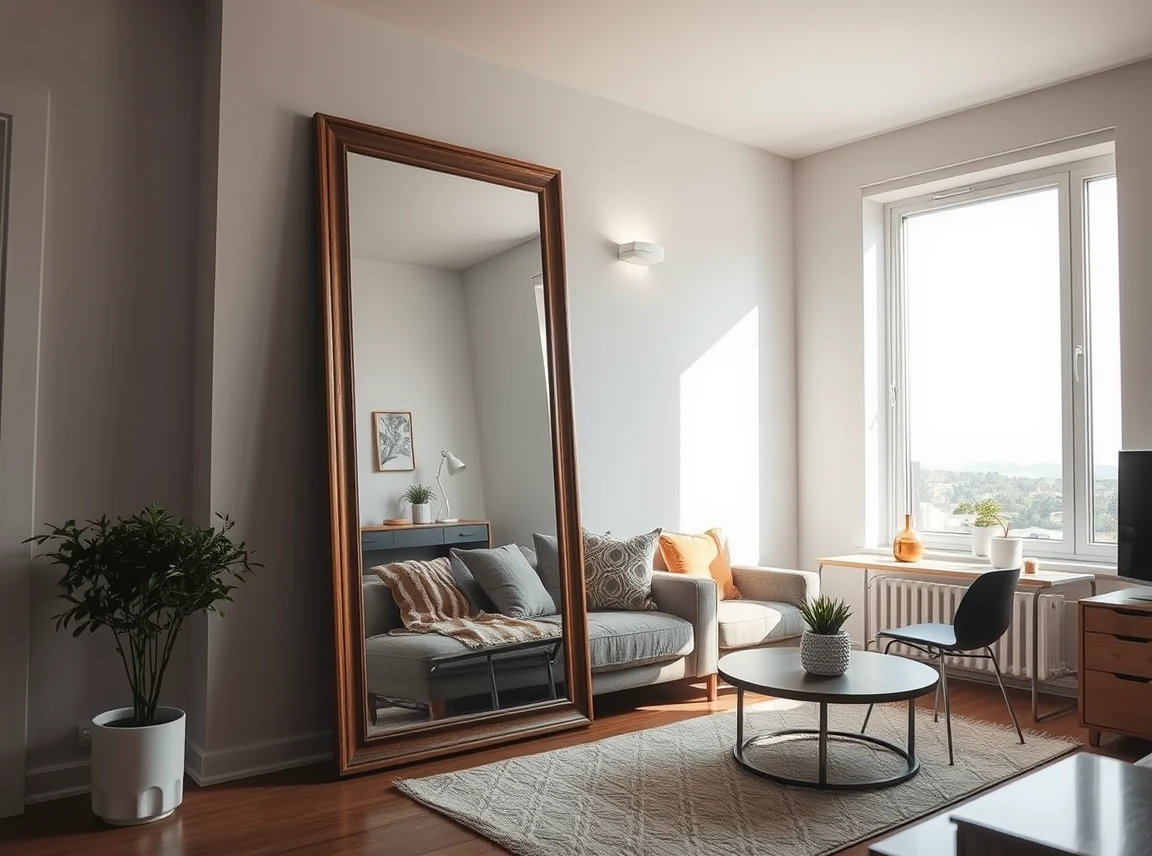 A large leaning mirror in a small apartment reflecting light from a window, making the space feel bigger and brighter
