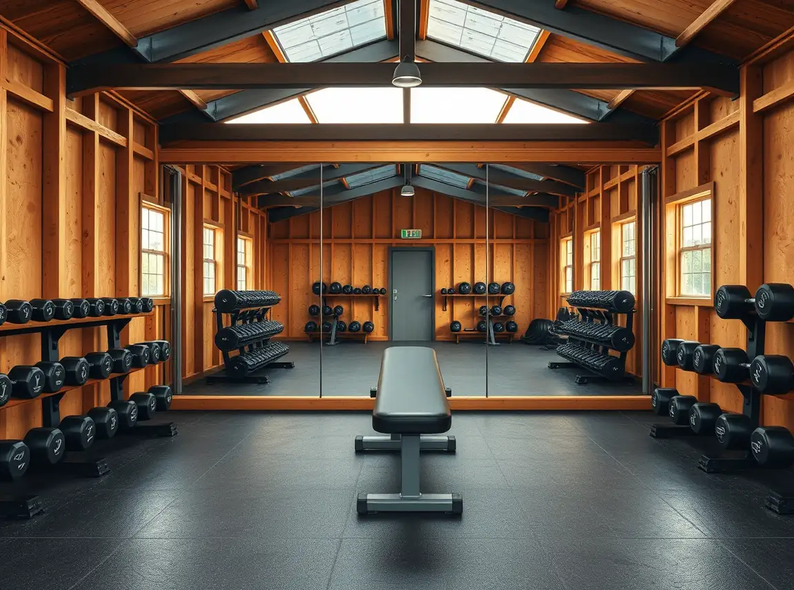 A large mirror wall in a shed gym reflecting dumbbells and a bench, making the space look bigger and brighter, warm