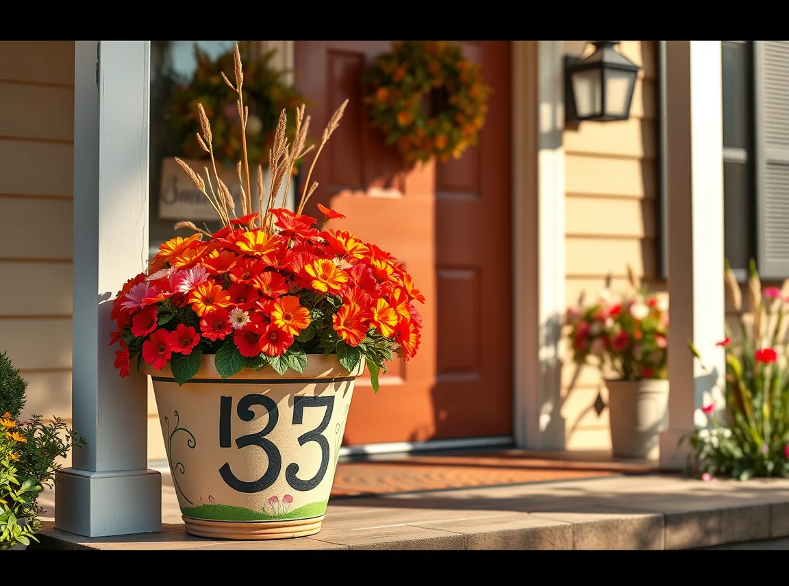 A large porch pot painted with a house number holding bright flowers by a front entrance, welcoming and cheerful, no people