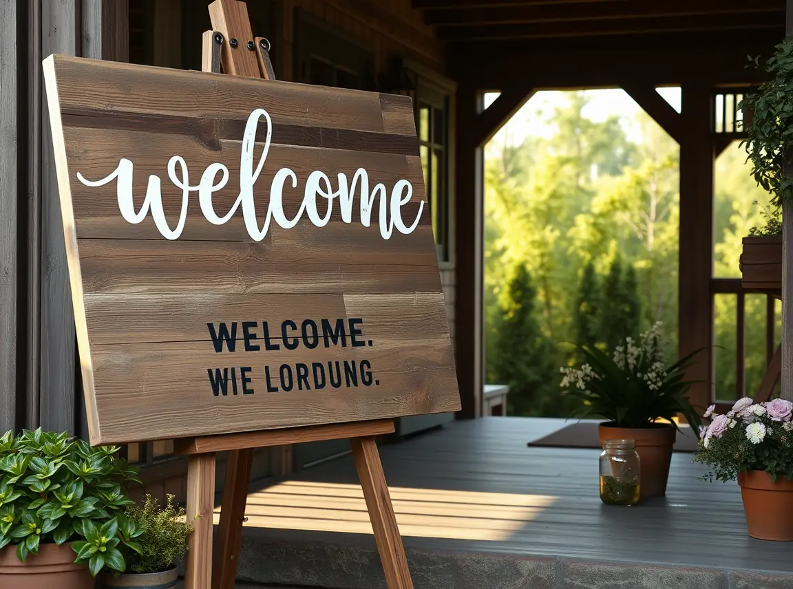 A large reclaimed wood welcome sign with hand-painted white script leaning on a rustic wooden easel, framed by potted