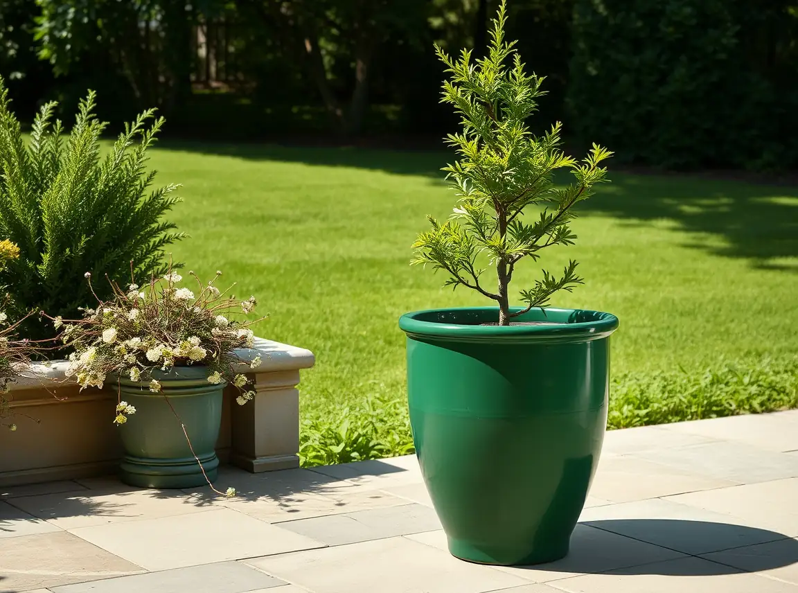 A large statement garden pot painted a bold deep green holding a small tree on a patio, striking and weatherproof, no