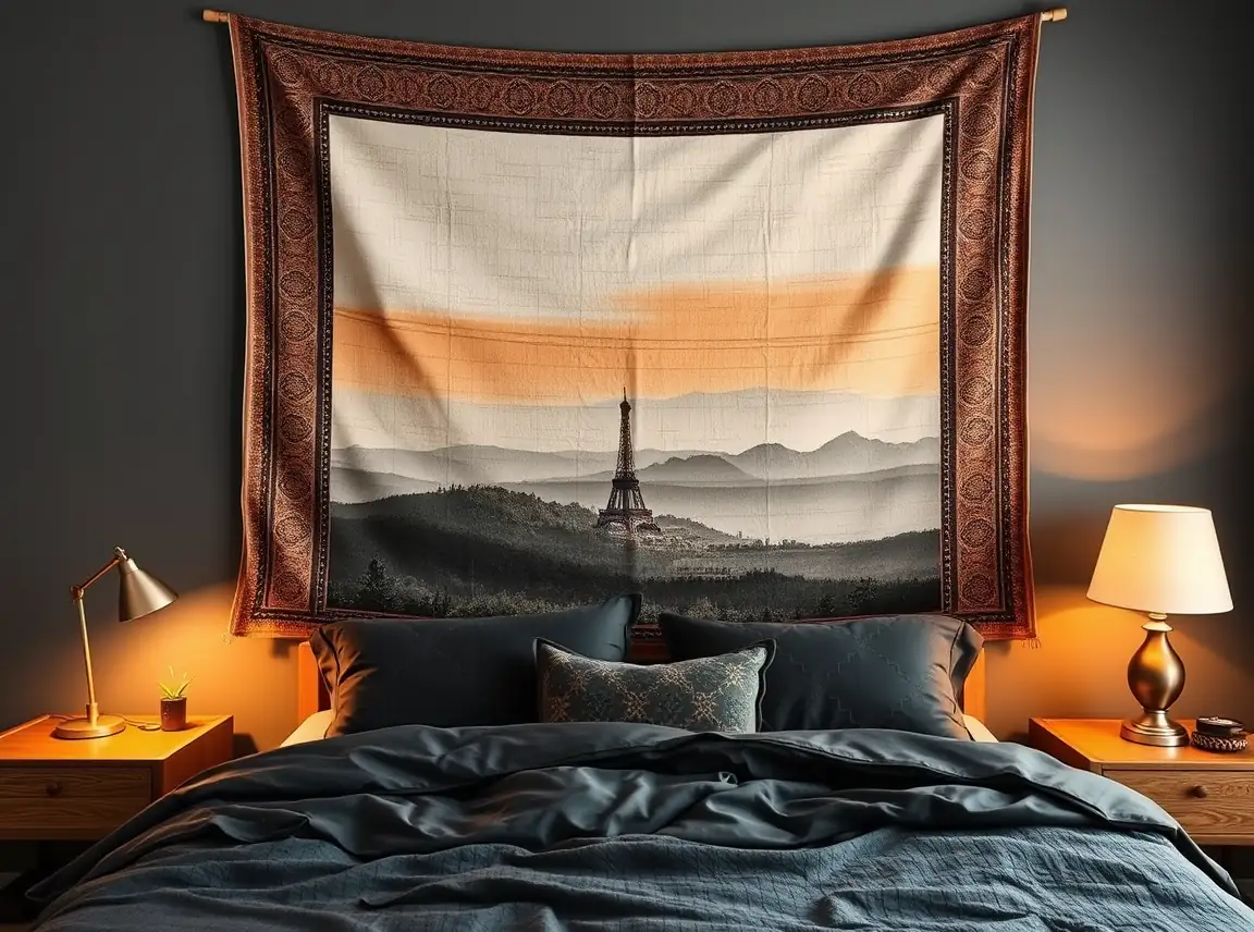 A large statement tapestry hanging above a dorm bed with dark neutral bedding below, bold focal point, warm lamp light