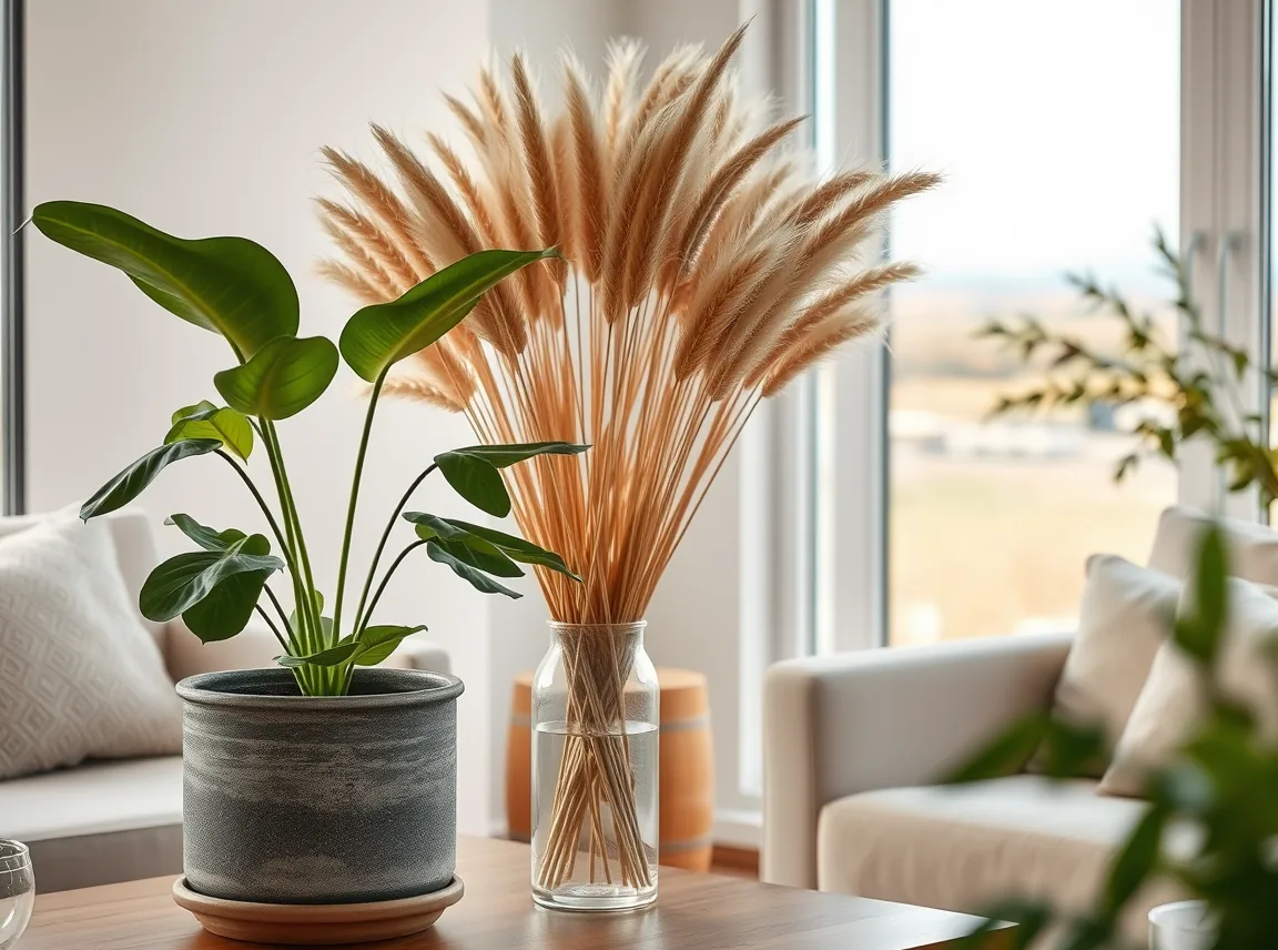 A leafy potted plant and a vase of dried pampas and wheat stems in a cozy living room, fresh and earthy, no people, soft
