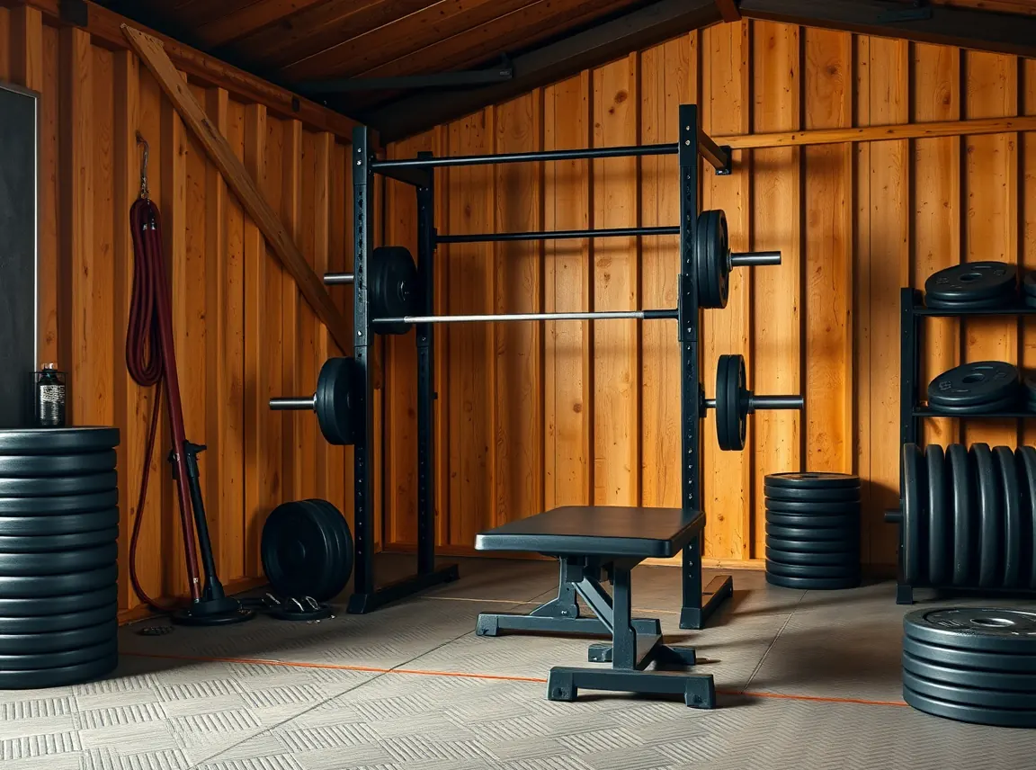 A lifting corner in a shed gym with a black squat rack, a loaded barbell, a flat bench, and a rack of weight plates on