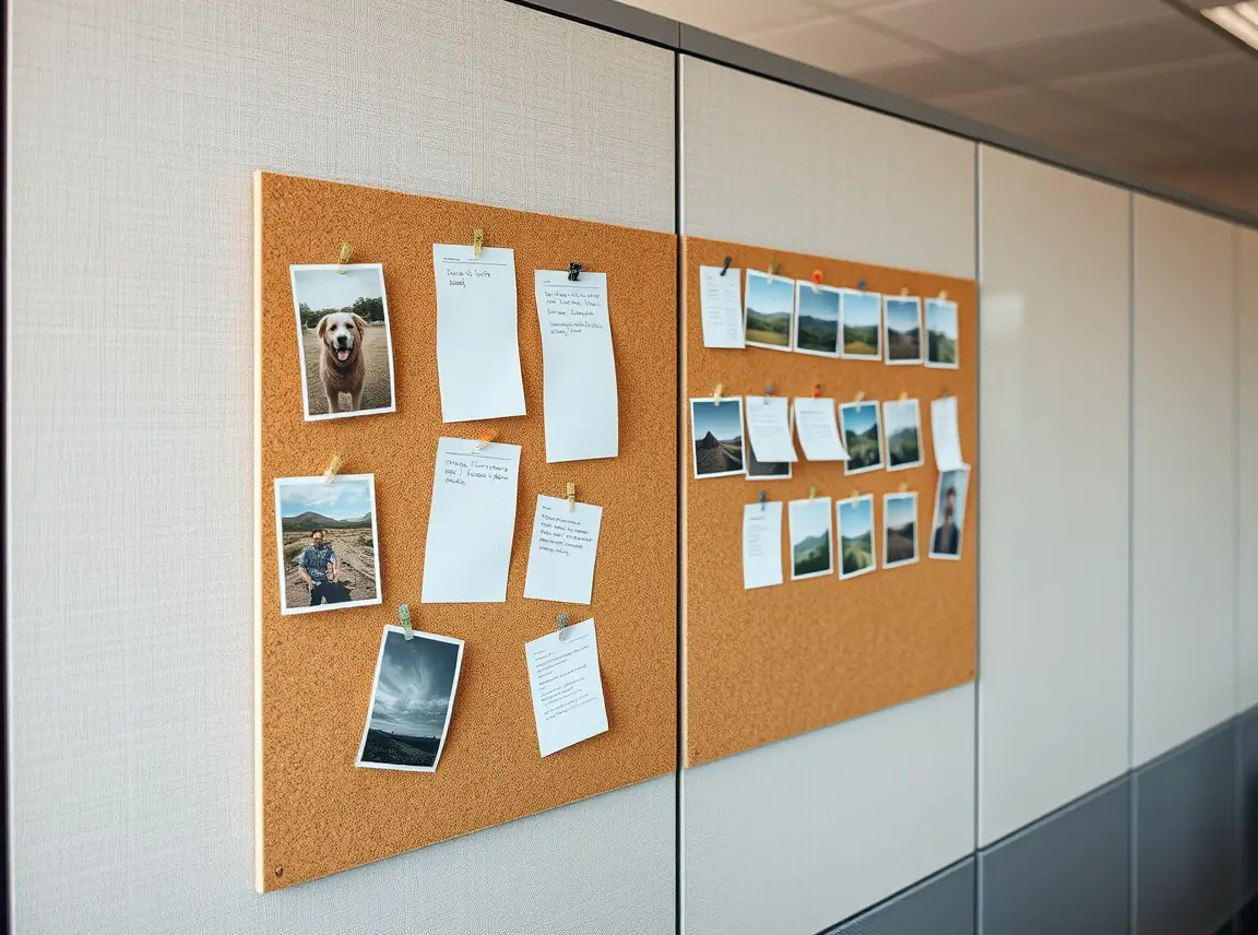 A linen-covered cork board on a cubicle wall with notes and photos pinned in tidy rows, neat and personal, no people, soft
