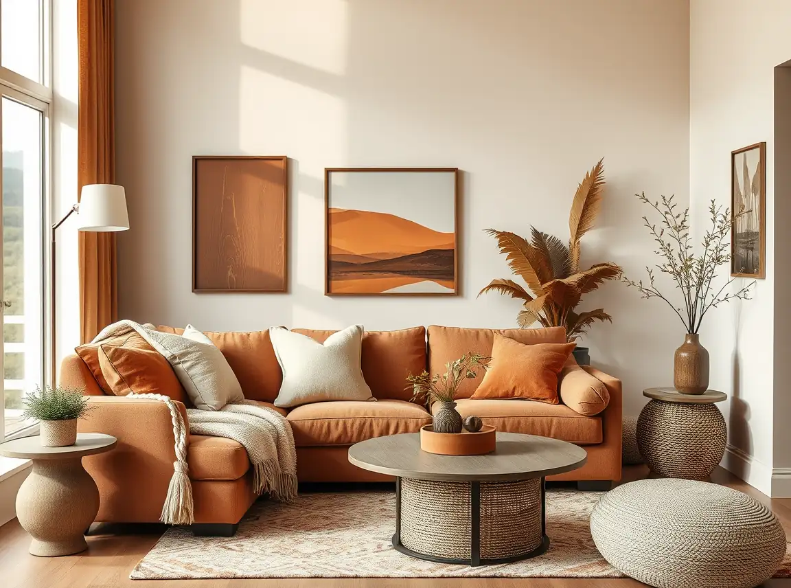 A living room corner styled in warm rust, camel, and cream tones with matching pillows and decor, cozy warm palette, no