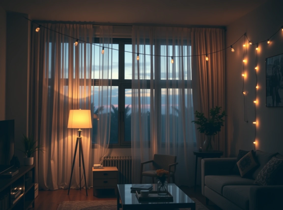 A living room glowing with a floor lamp, a table lamp, and string lights, the overhead off, cozy layered light, landscape