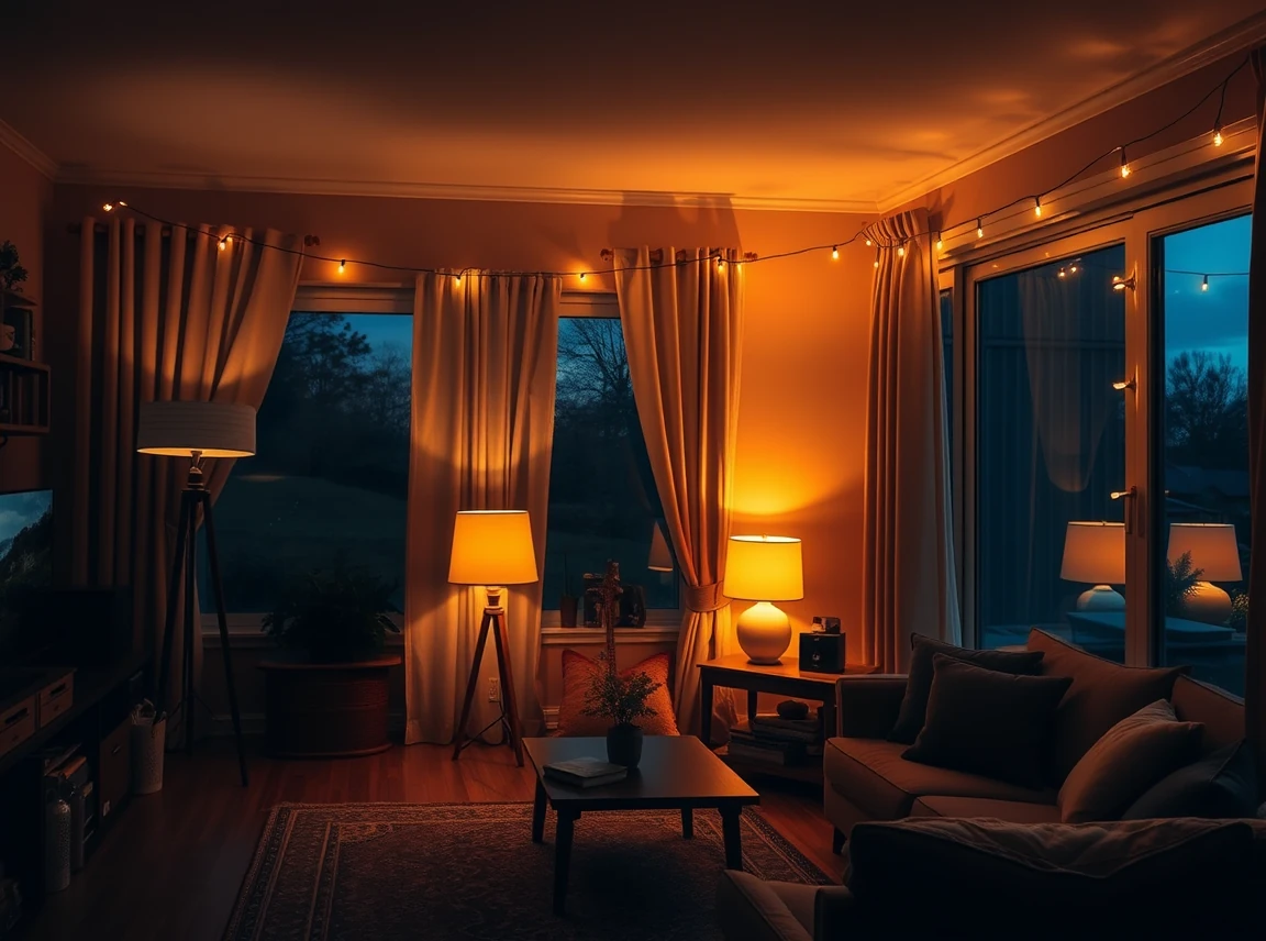 A living room glowing with a warm floor lamp, a table lamp, and string lights with the overhead off, cozy layered light, no