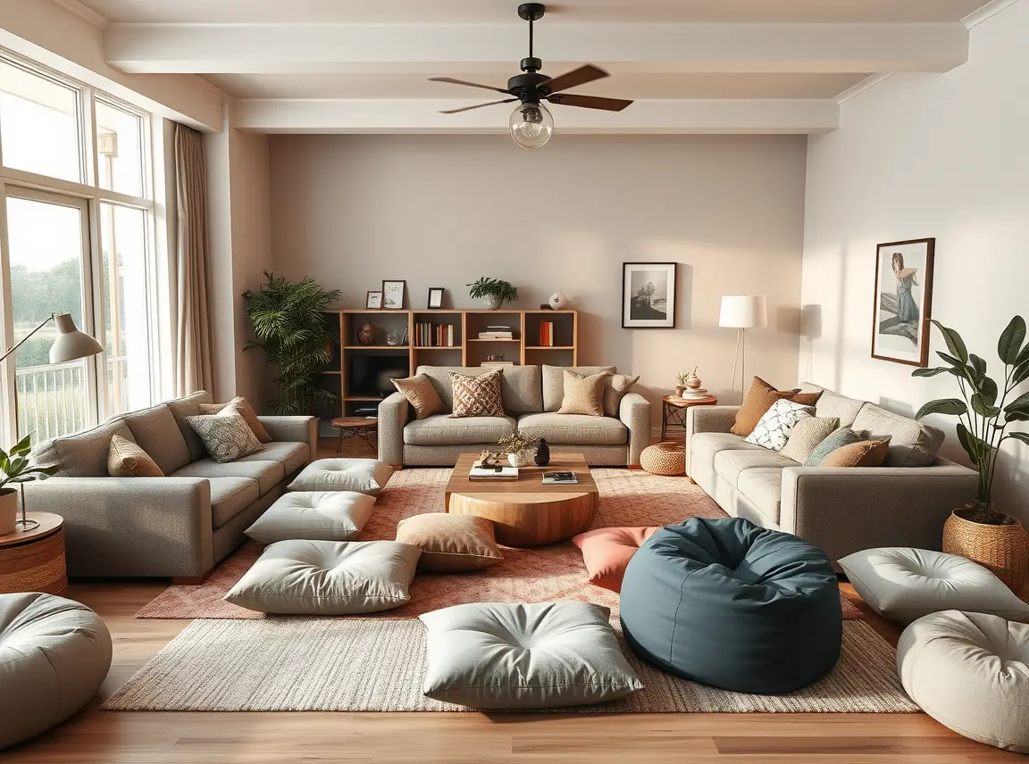 A living room packed with seating options including a sectional, floor cushions, and a bean bag, ready for a crowd, cozy and