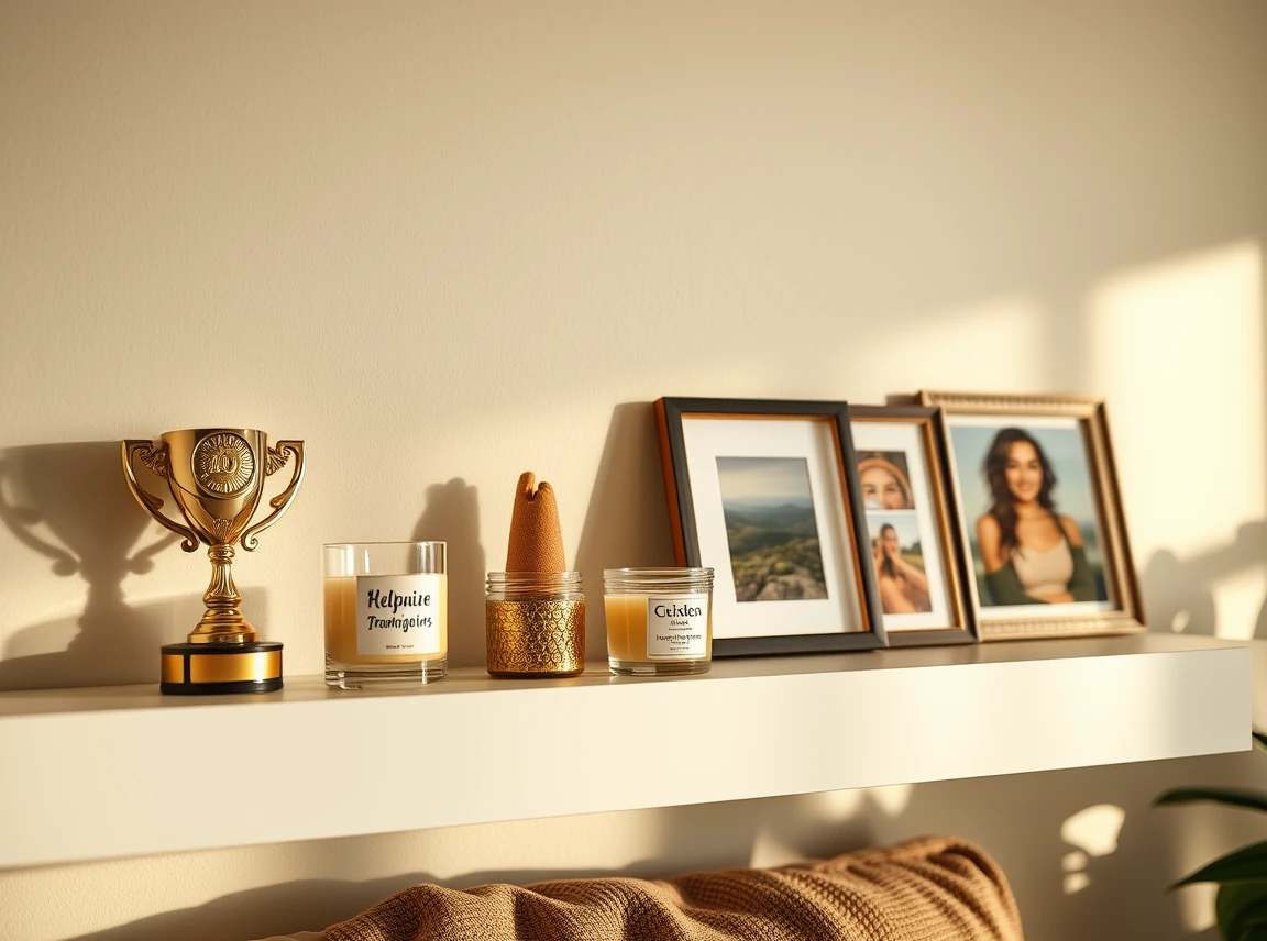 A living room shelf displaying a few personal items from different roommates, like a small trophy, a candle, and a framed