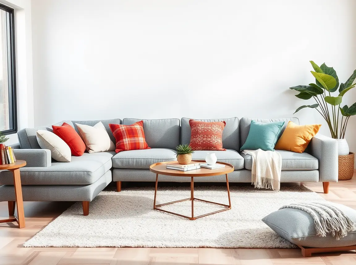 A living room with a neutral gray sofa and cream rug, blended and balanced, soft natural light, landscape photo