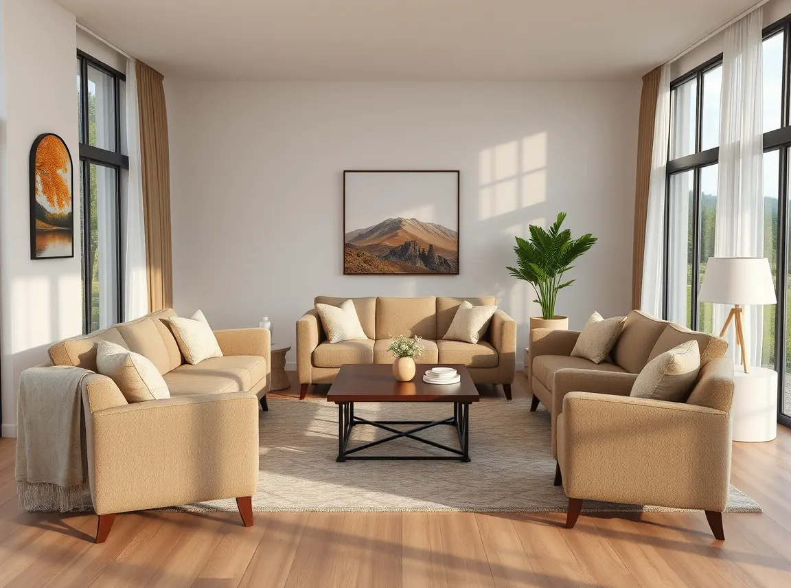 A living room with sofa and chairs arranged inward around a coffee table for easy conversation, warm and gathering-friendly