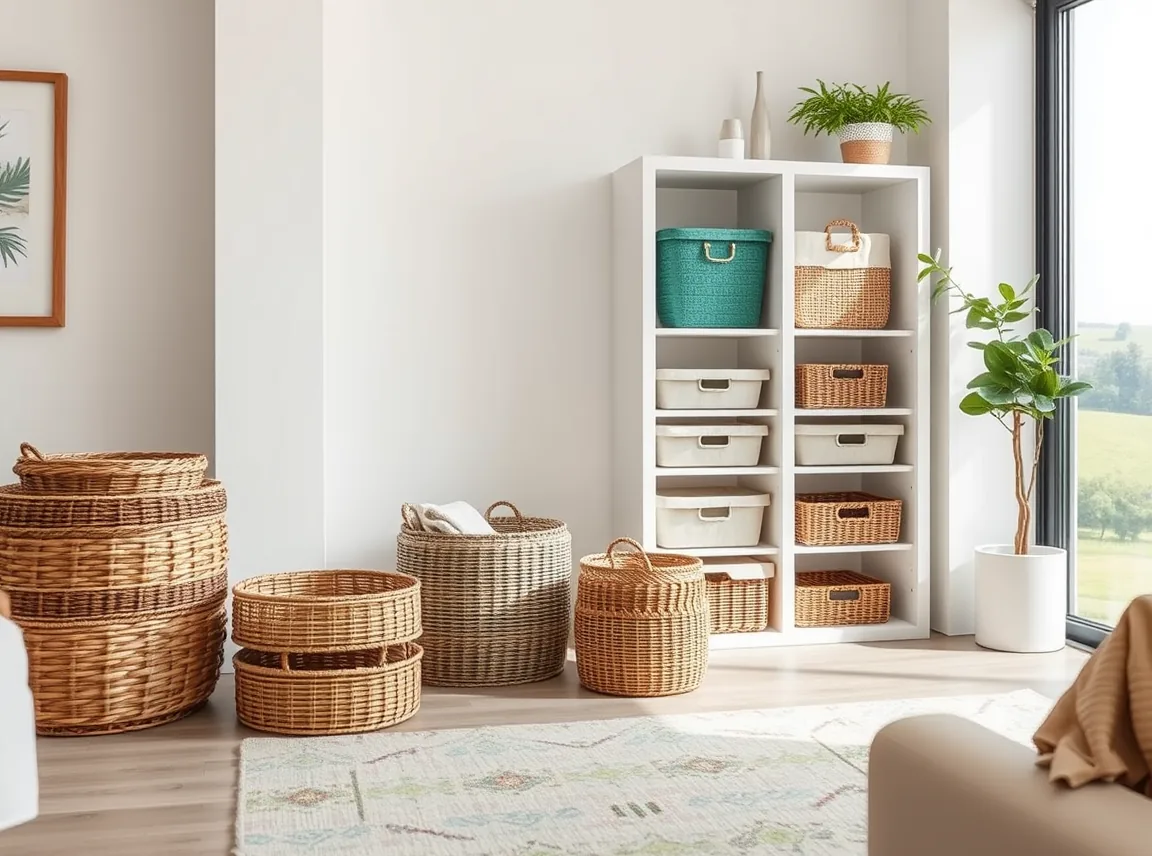 A living room with woven storage baskets and a cube shelf holding bins, organized and clutter-free, bright daylight