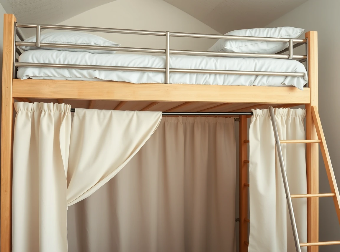 A lofted dorm bed with a curtain hung underneath on a tension rod enclosing a private nook, soft fabric partly drawn back
