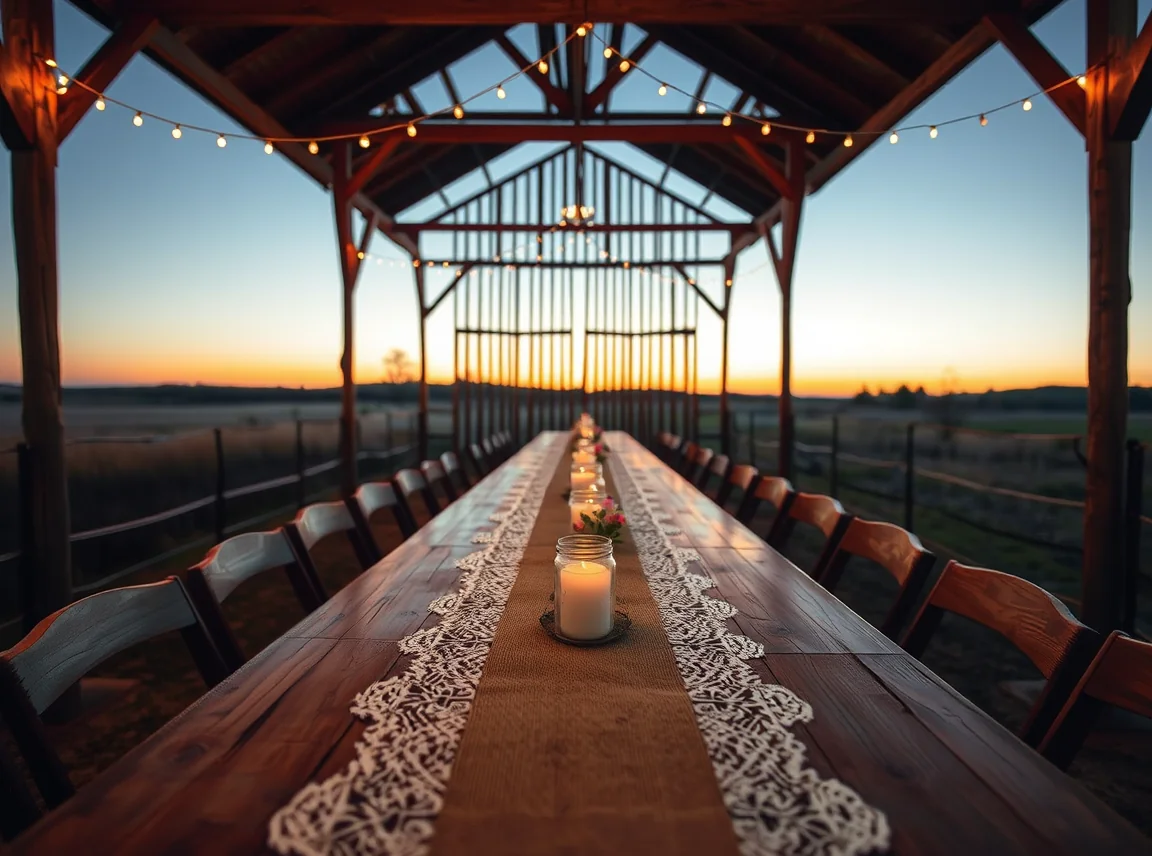 A long wooden banquet table dressed with a natural burlap runner layered with delicate white lace, topped with candles and