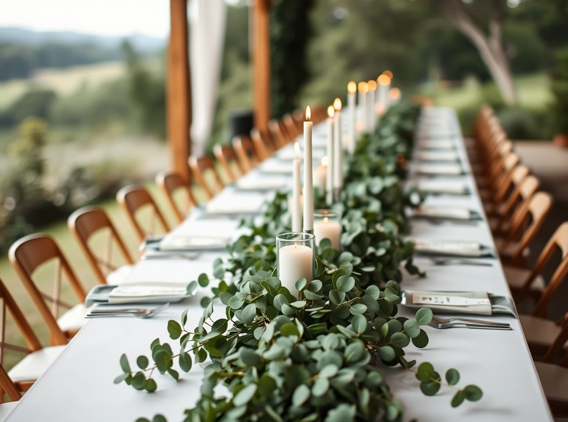 A lush greenery runner of eucalyptus down the center of a long wedding table with candles, elegant and green, no people