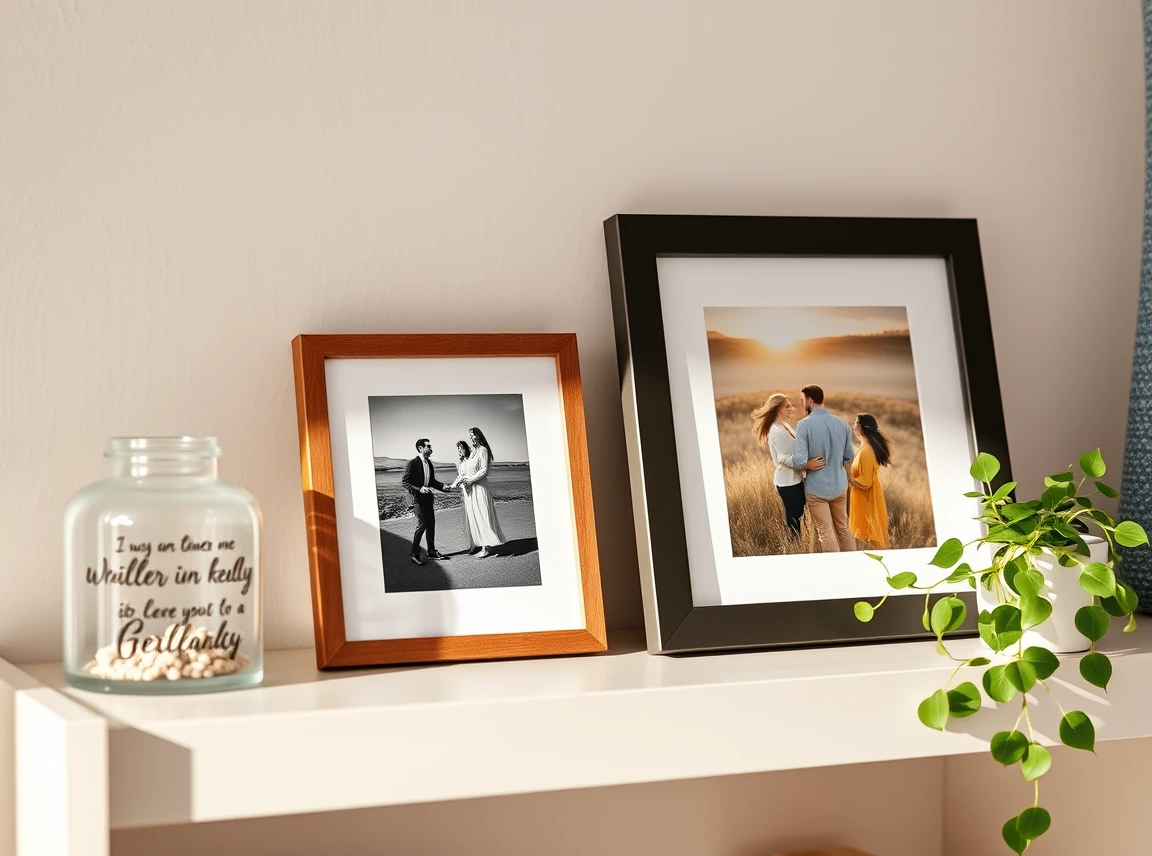 A meaningful keepsake and a framed family photo styled on a cozy dorm shelf beside a small plant, warm and personal, soft