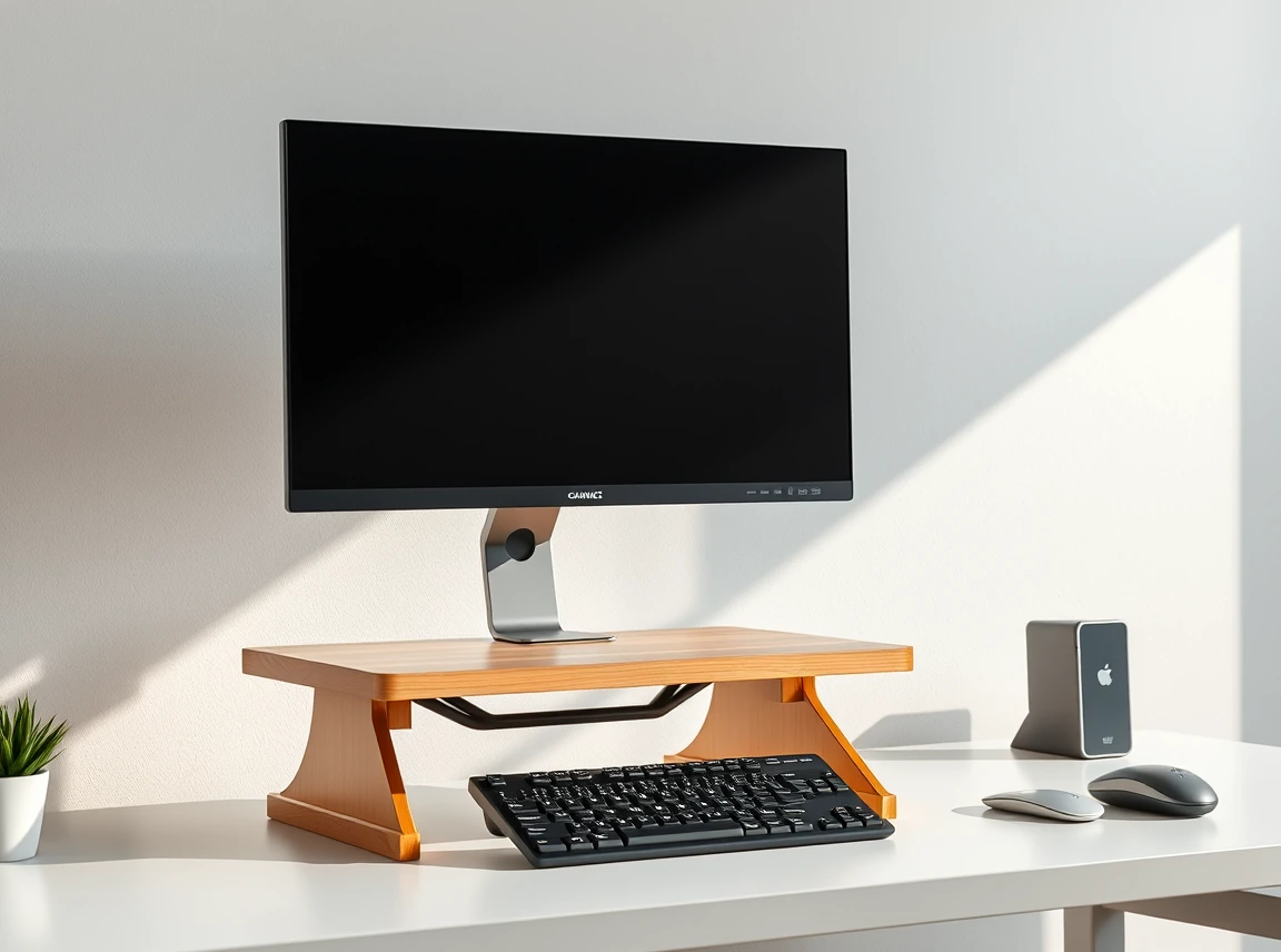 A monitor raised on a sleek wooden riser with a keyboard tucked underneath on a tidy desk, ergonomic and clean, no people