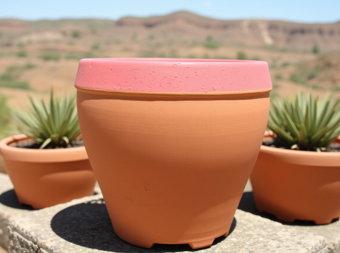 A natural terracotta pot with just the top rim painted bright coral, simple and quick, no people, bright daylight, landscape