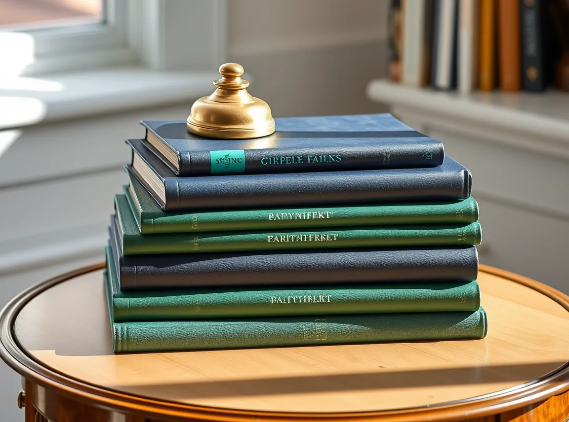 A neat stack of hardcover books with navy and green covers on a side table, topped with a small brass object, classic and