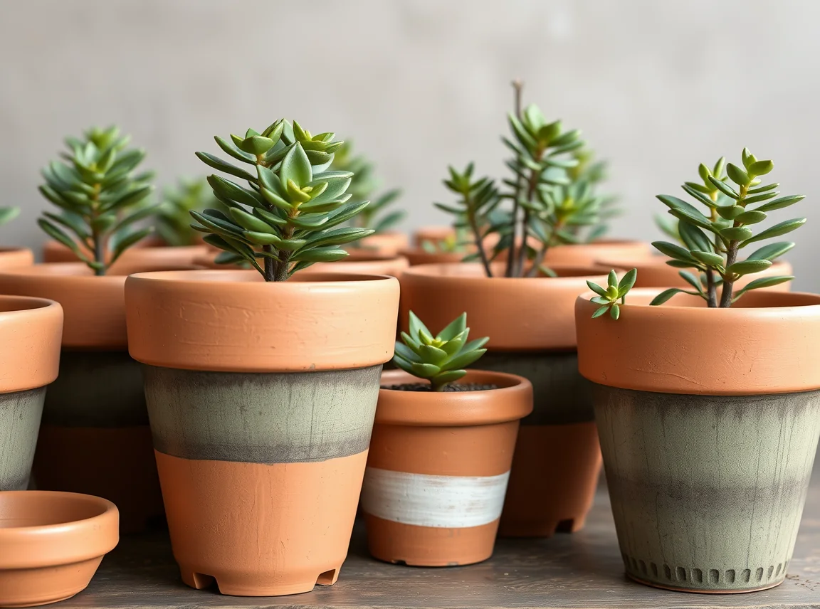 A neatly finished set of hand-painted terracotta pots with plants displayed together, polished and complete, no people, soft