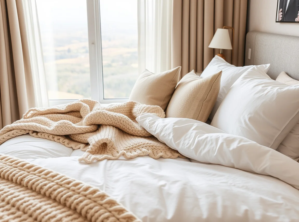 A neatly made dorm bed with a white linen duvet, a chunky knit throw, and layered neutral cushions, soft morning light