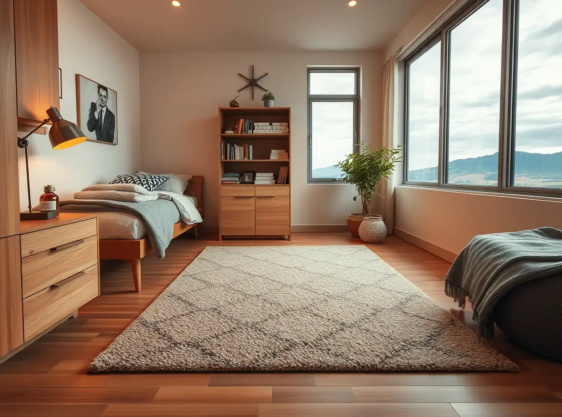 A neutral low-pile area rug anchoring a dorm bedside area, warm textured floor covering, calm grounded corner, landscape