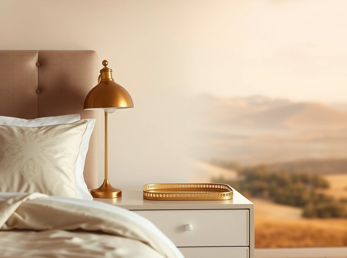 A nightstand styled with a brass lamp and a small gold tray in a warm-toned bedroom, warm metallic accents, no people, soft