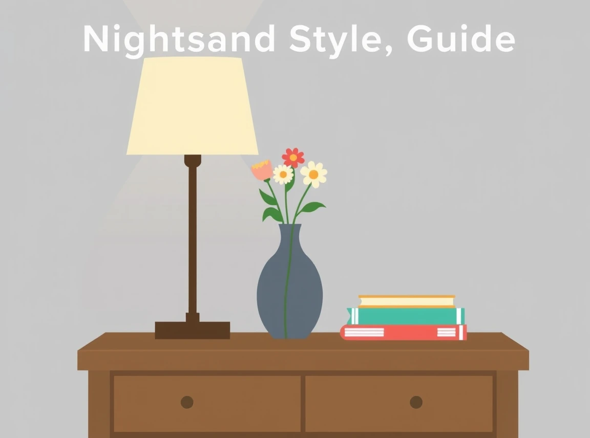 A nightstand styling guide showing a grouping of three items, a tall lamp, a medium vase of flowers, and a short stack of