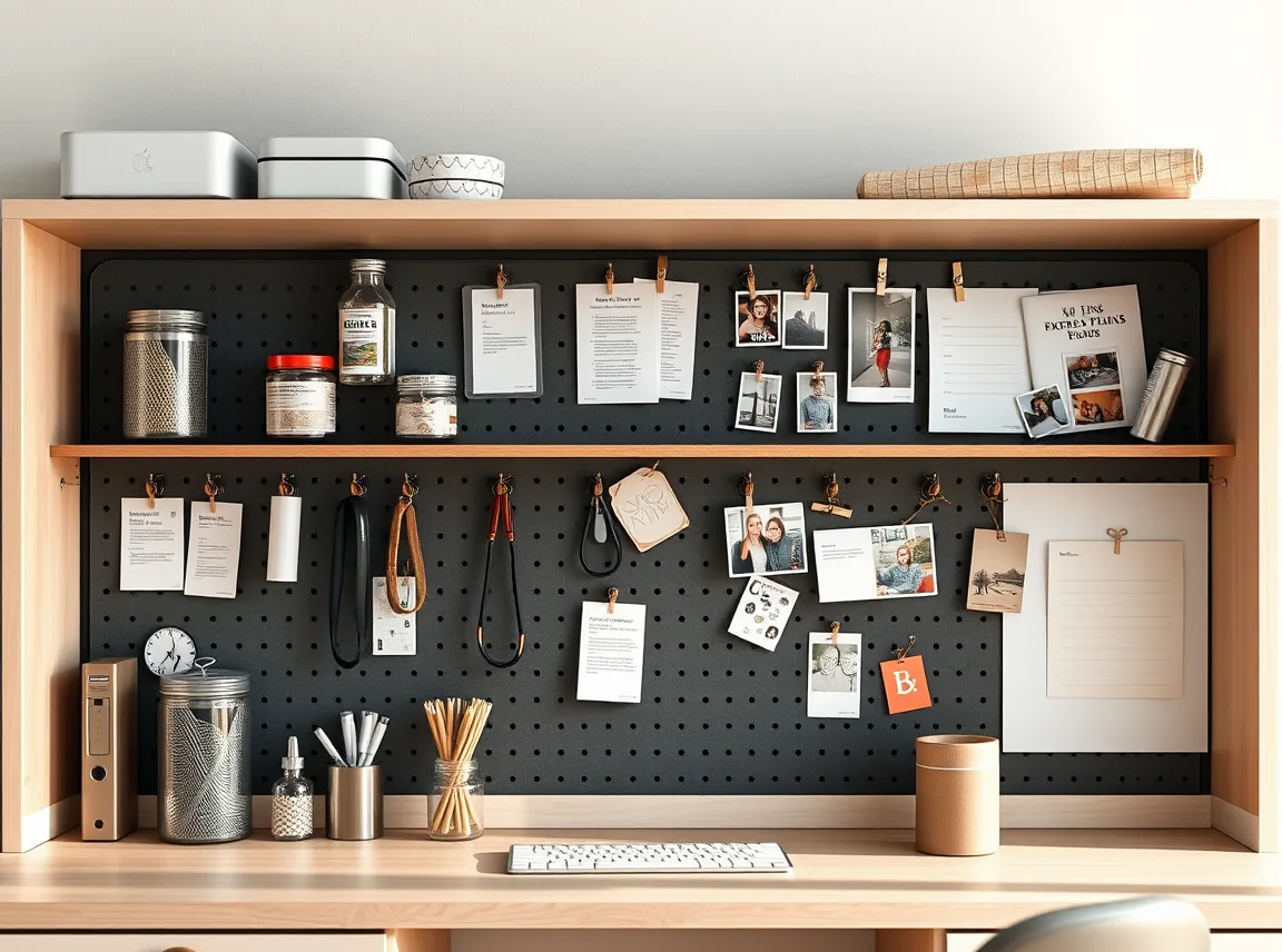 A pegboard mounted inside a desk hutch holding small supplies on hooks with pinned notes and photos, organized and