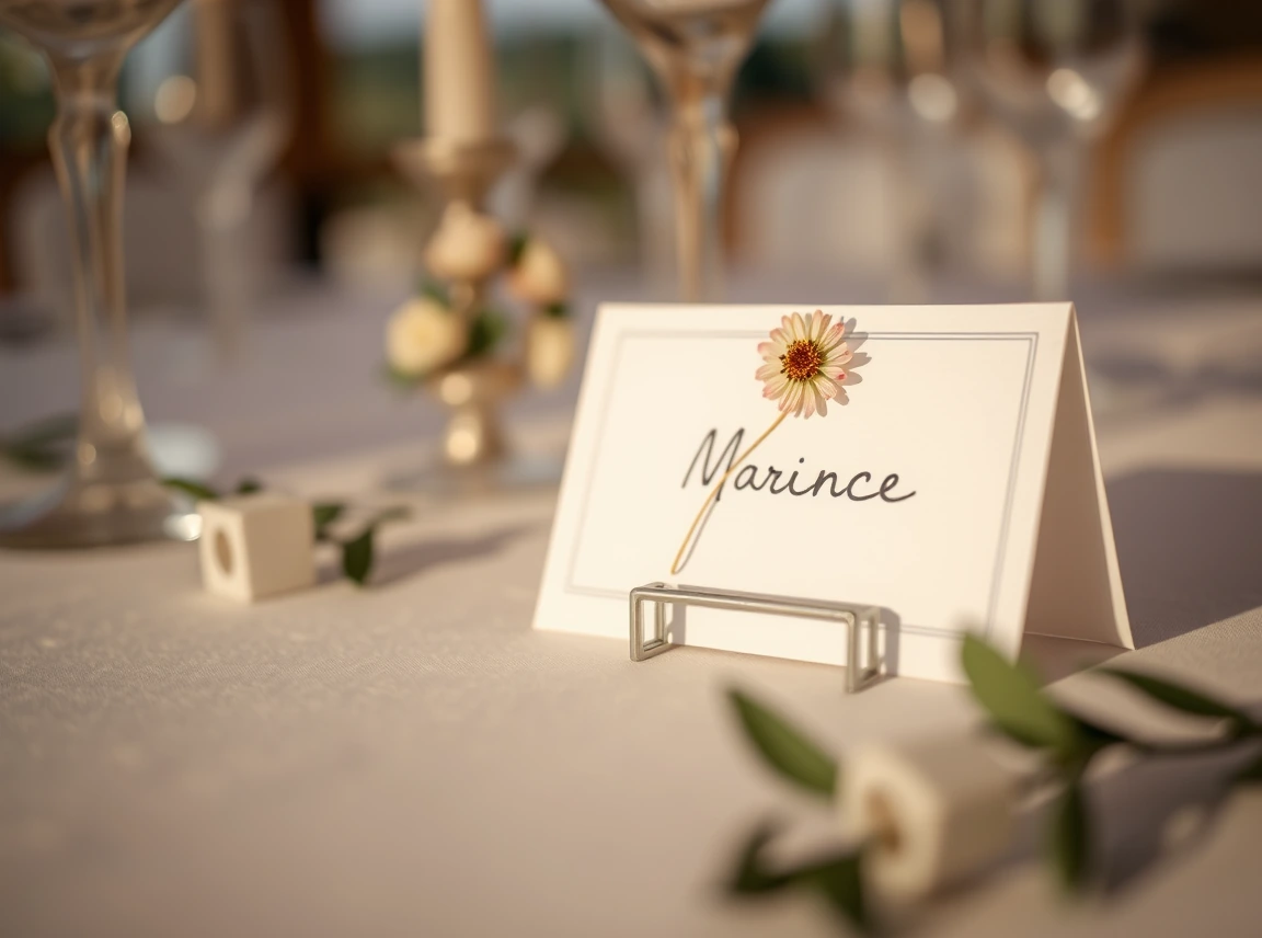A place card decorated with a small pressed flower and handwritten name on a wedding table, delicate and personal, no