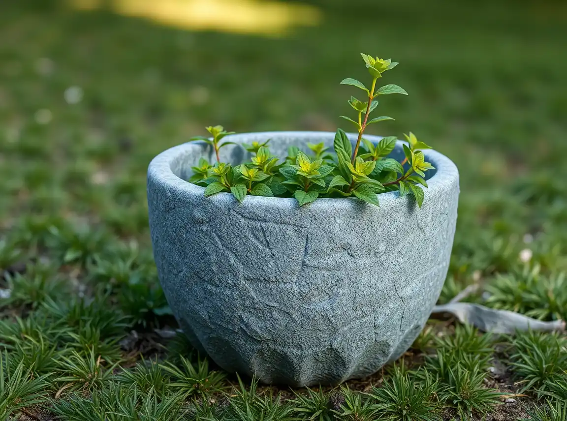 A plastic garden pot painted to look like textured gray stone holding a green plant, high-end faux finish, no people, soft