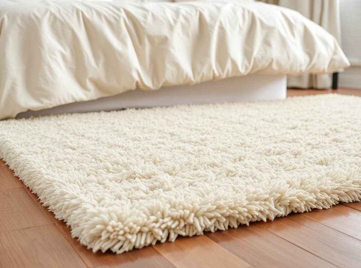 A plush shag rug in warm cream beside a bed on wood flooring, soft and inviting texture, no people, soft morning light