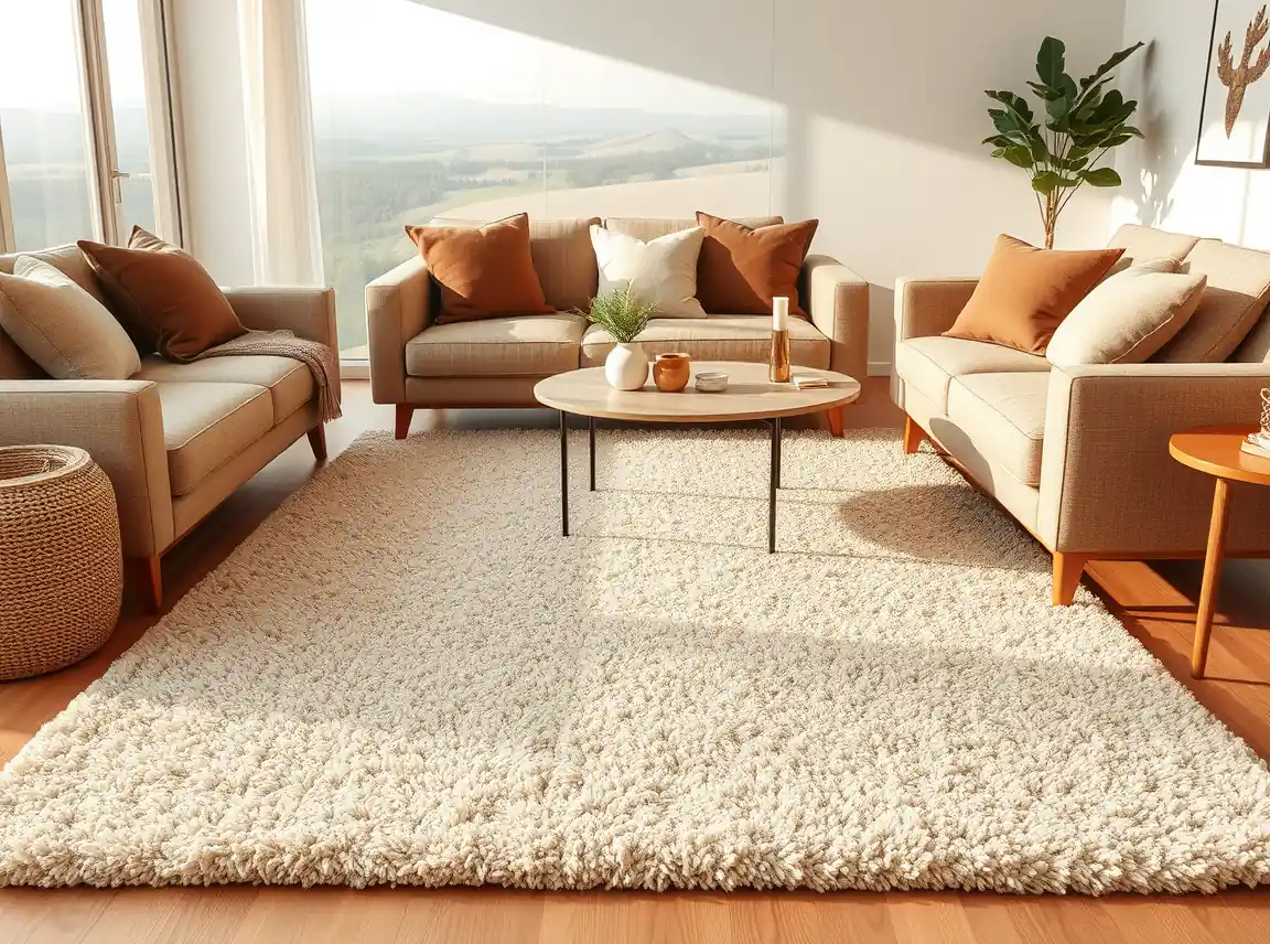 A plush textured area rug anchoring a living room seating area in warm tones, soft and grounding, no people, soft daylight
