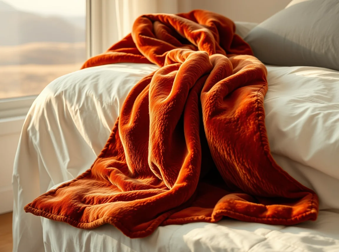 A plush velvet throw in a warm rust tone draped over the corner of a bed, rich cozy texture, no people, warm light