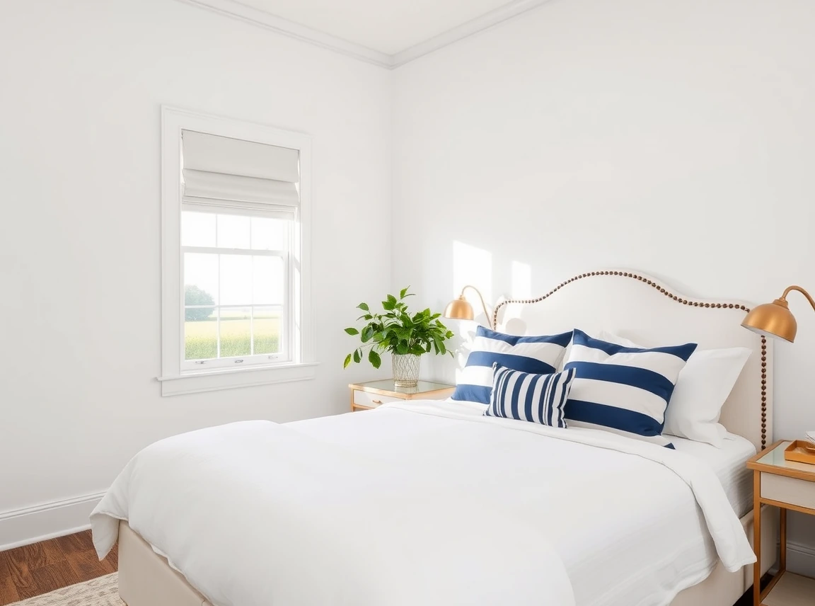 A polished preppy bedroom with crisp white walls, navy and white striped bedding, a scalloped headboard, a green plant, and