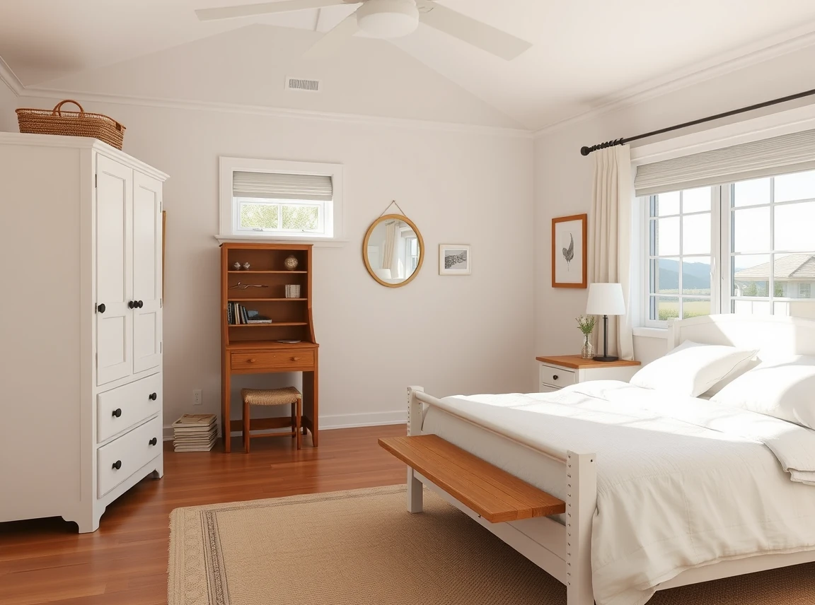 A preppy bedroom with a clean white painted dresser, a small wooden desk, and a bench at the foot of the bed, simple and