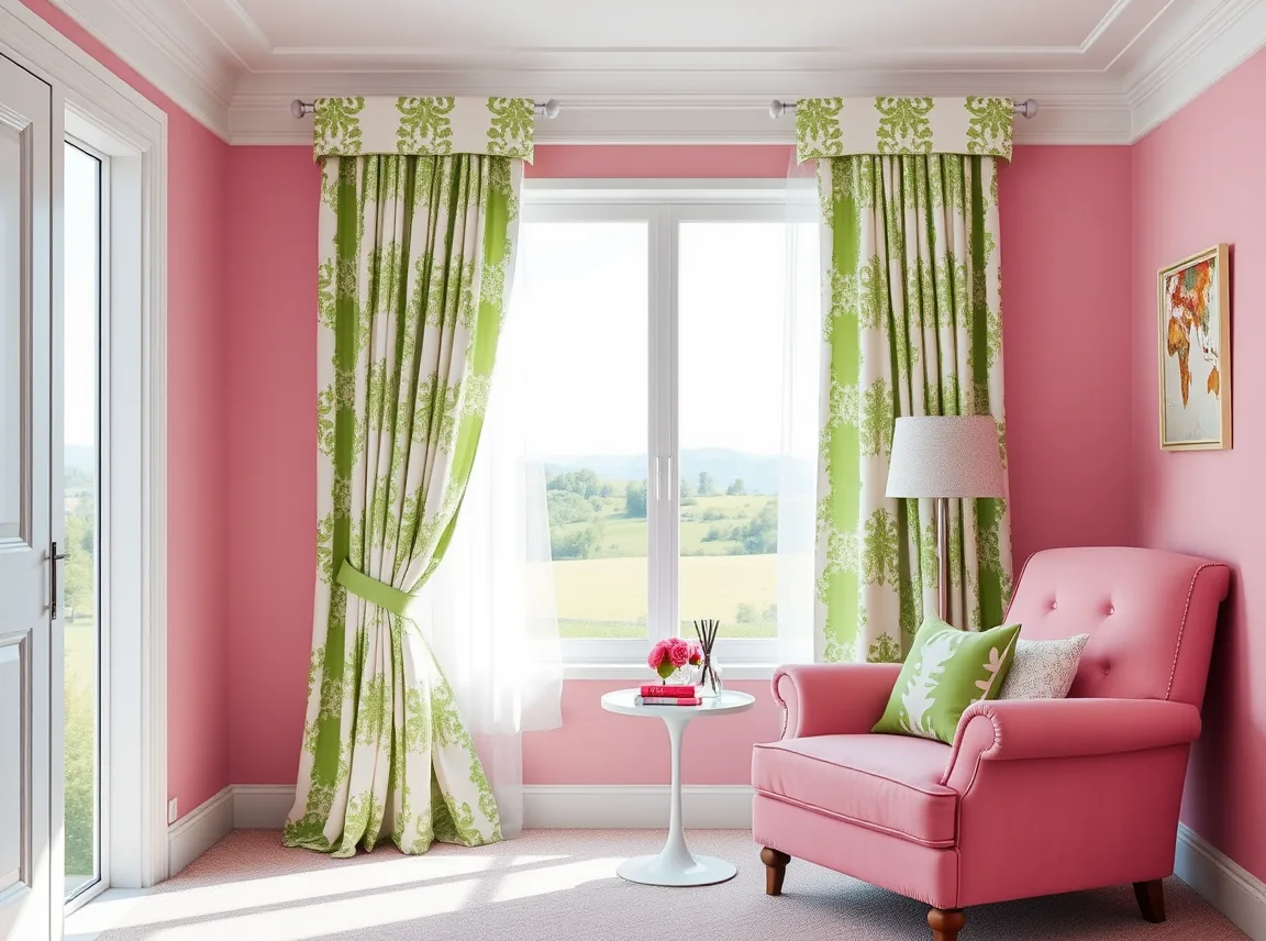A preppy room decorated in pink and green, with a pink upholstered chair, green and white curtains, and matching throw
