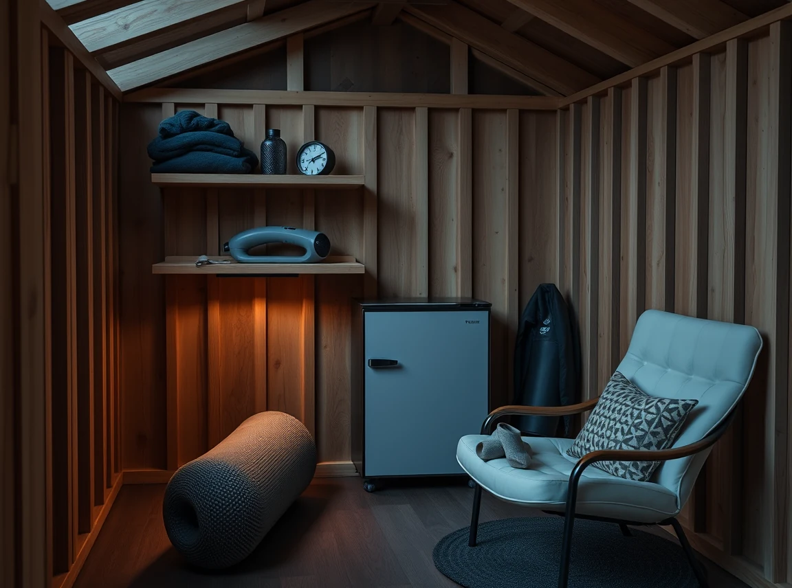A recovery corner in a shed gym with a foam roller, a massage gun on a shelf, a small mini fridge, and a comfy chair, warm