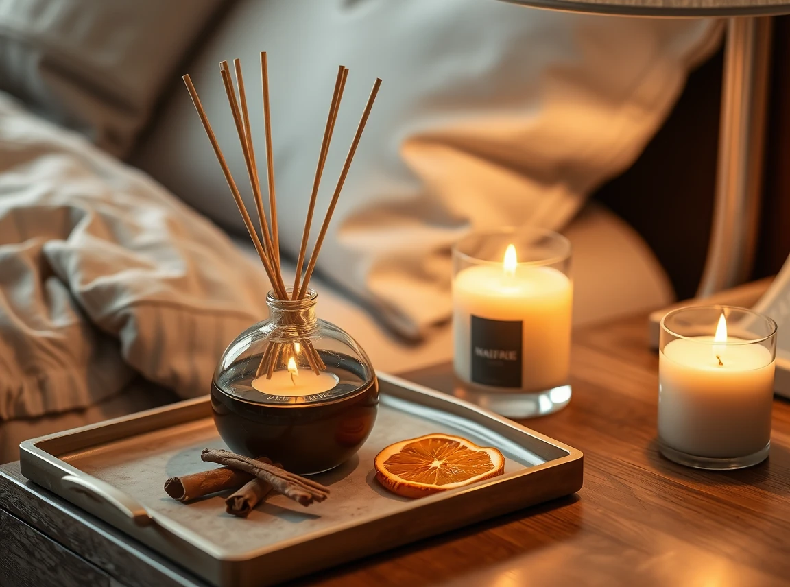 A reed diffuser and a scented candle on a tray beside cinnamon sticks and dried orange slices on a nightstand, no people