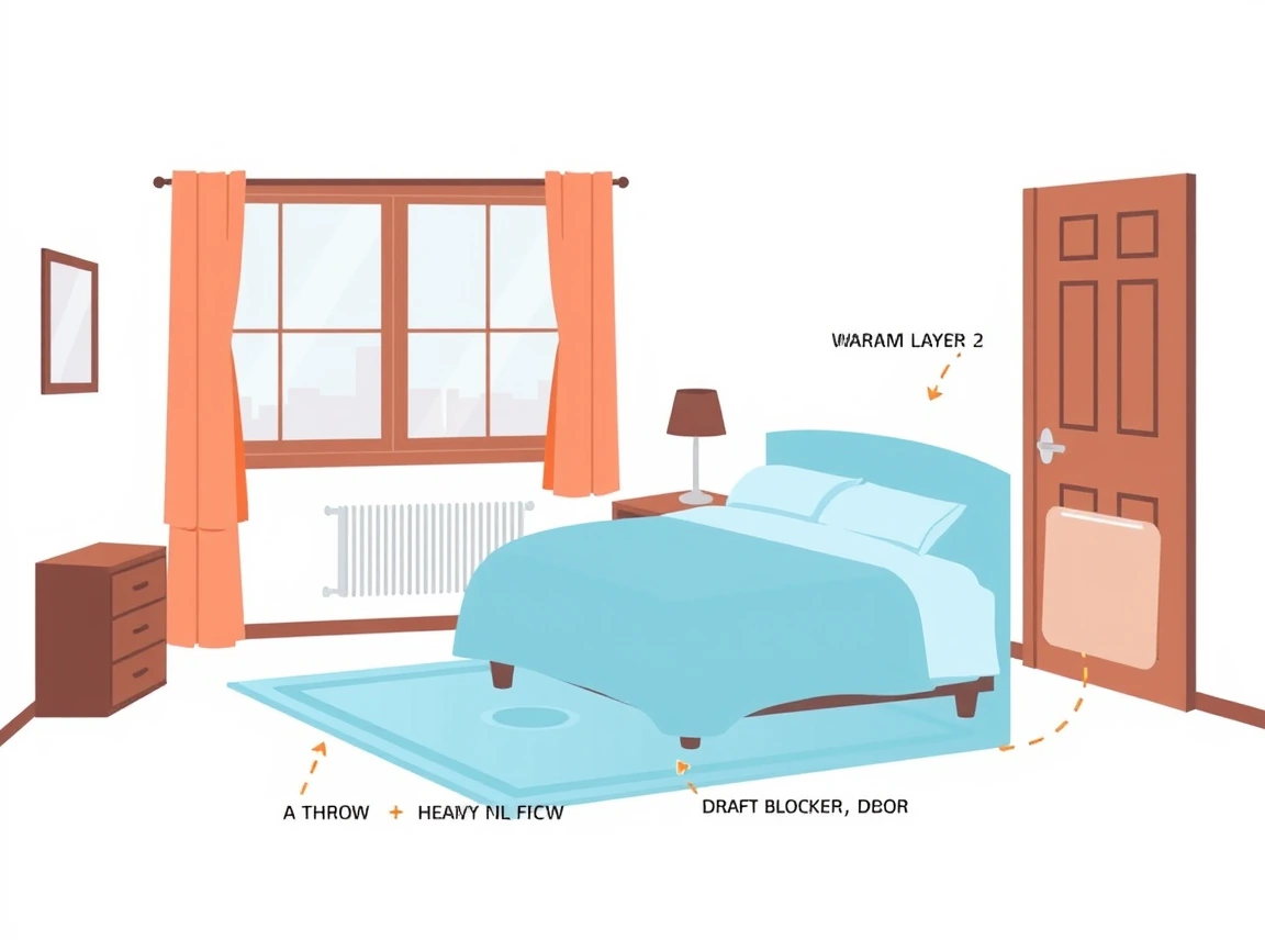 A room diagram showing four warmth layers, a rug on the floor, heavy curtains at the window, a throw on the bed, and a draft