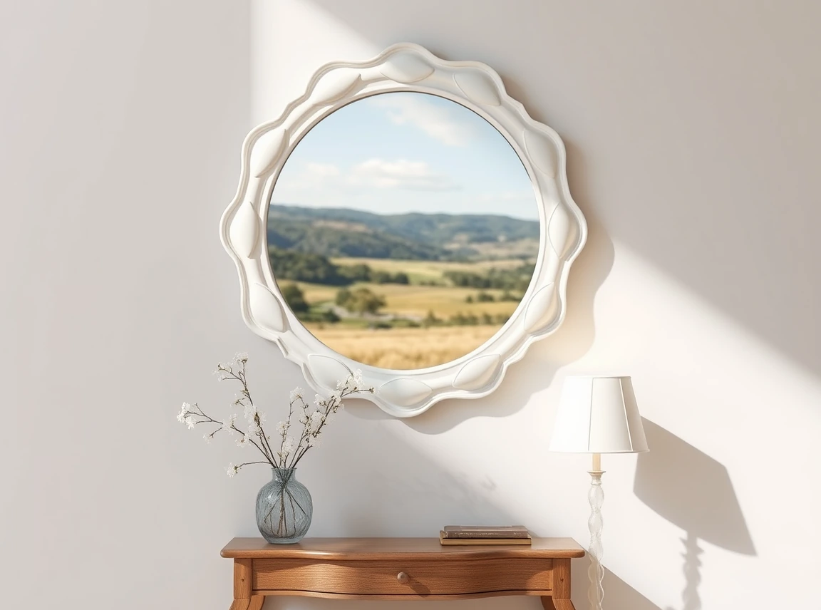 A round mirror with a scalloped white frame hanging on a wall above a small console, sweet and polished, bright daylight