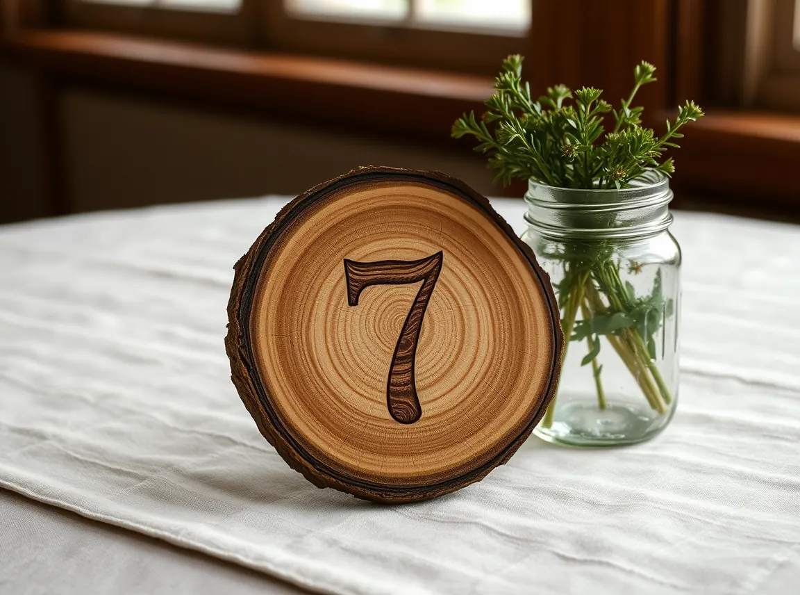 A round rustic wood slice with the number seven wood-burned into it, propped against a small mason jar of greenery on a